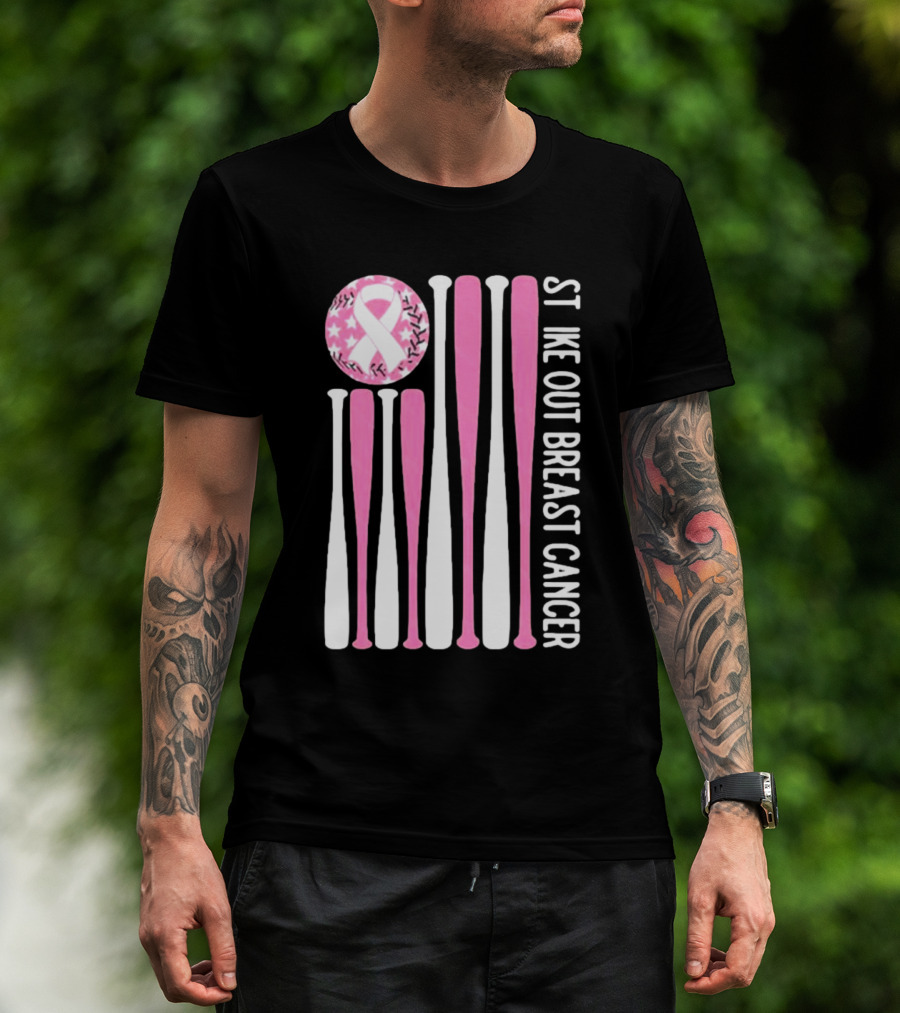 Strike Out Breast Cancer Baseball Pink Ribbon American Flag T-Shirt