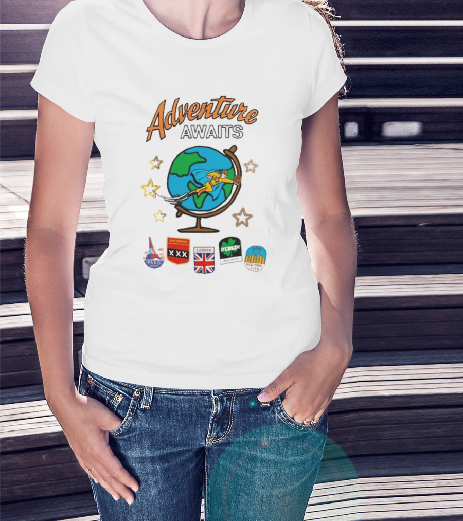 Adventure Awaits One Cent Travel Club Globe Paris Amsterdam London USA Icons T-Shirt