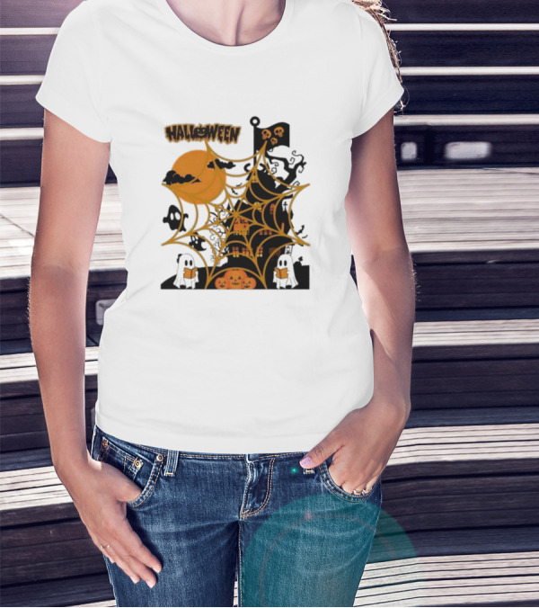 Halloween Spider Web Castle Moon Ghosts Pumpkins T-Shirt