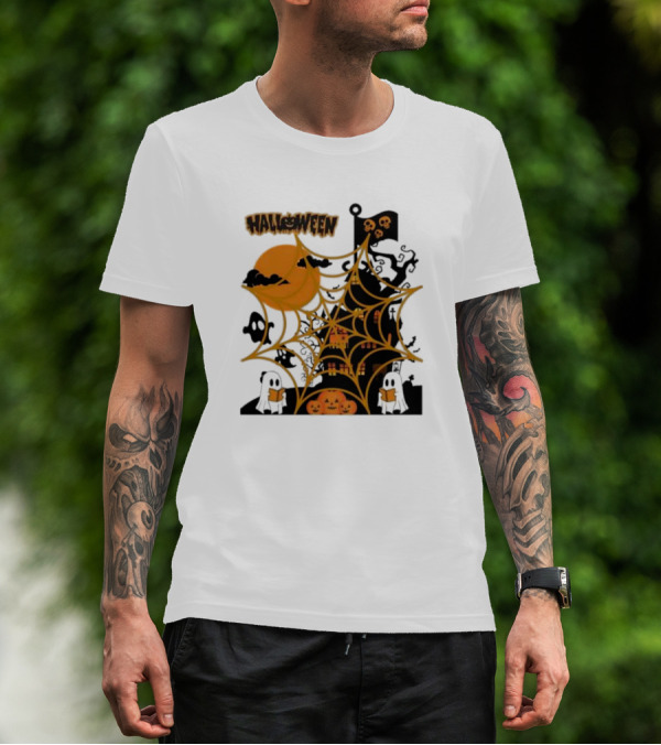 Halloween Spider Web Castle Moon Ghosts Pumpkins T-Shirt
