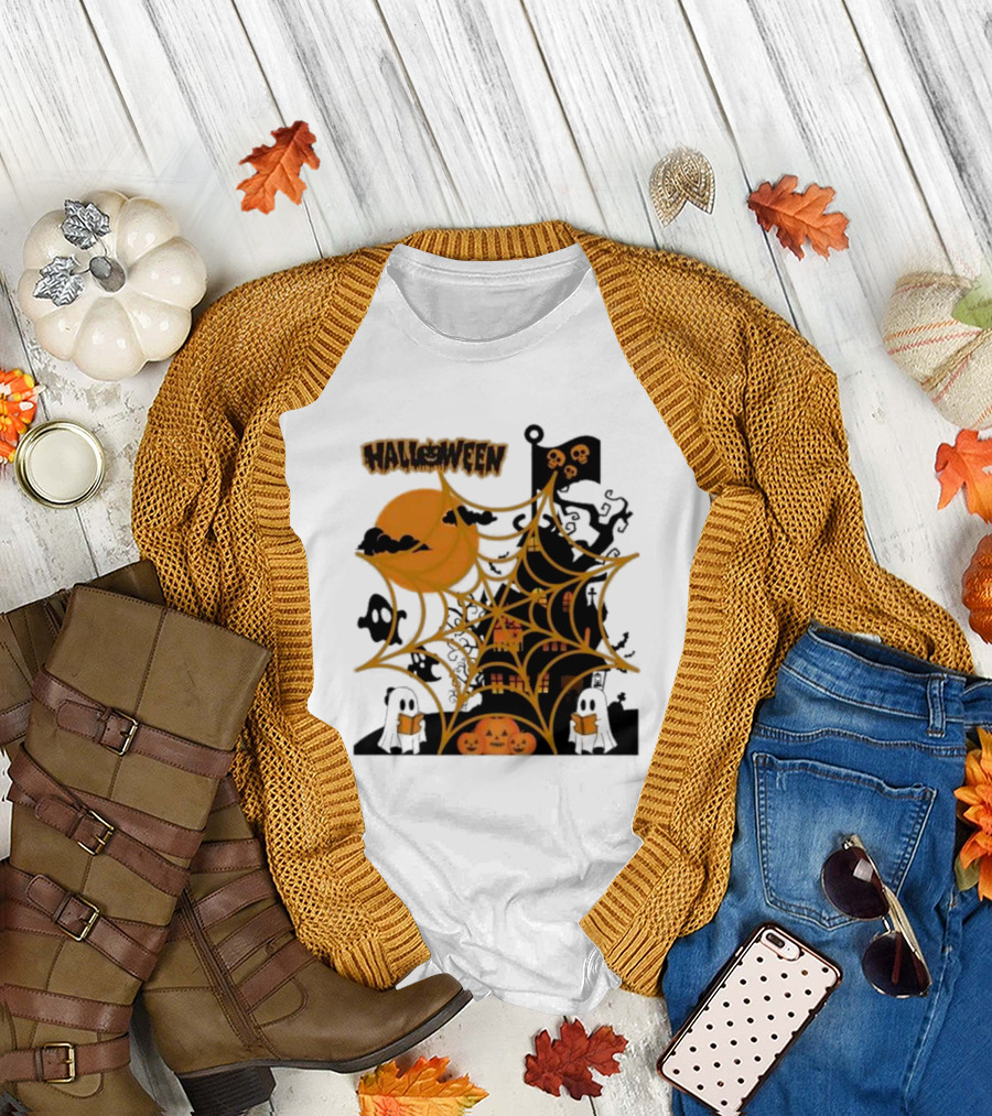 Halloween Spider Web Castle Moon Ghosts Pumpkins T-Shirt