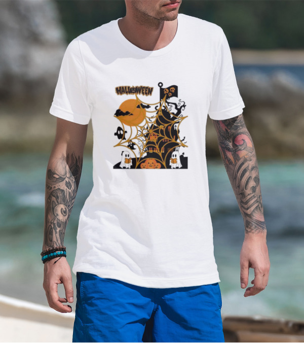 Halloween Spider Web Castle Moon Ghosts Pumpkins T-Shirt