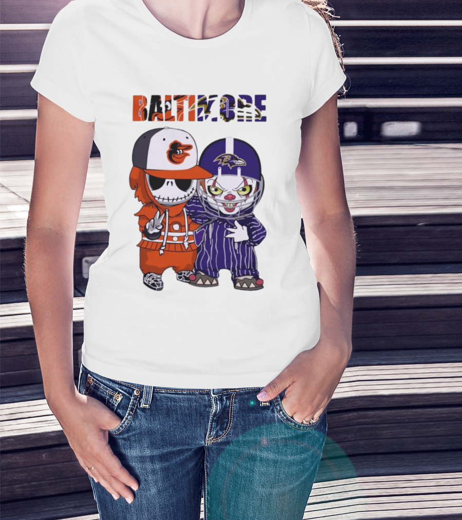 Baby Jack Skellington Pennywise Mashup Baltimore Orioles Ravens Halloween T-Shirt