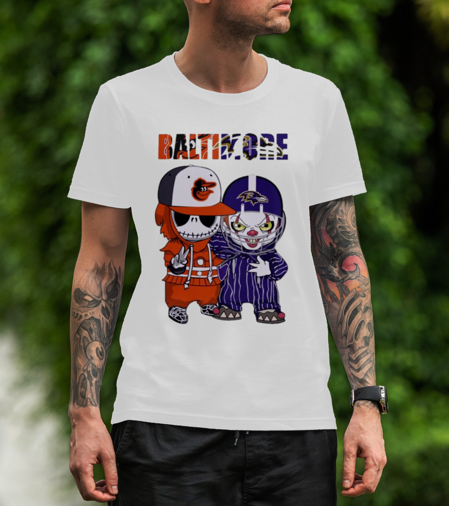 Baby Jack Skellington Pennywise Mashup Baltimore Orioles Ravens Halloween T-Shirt