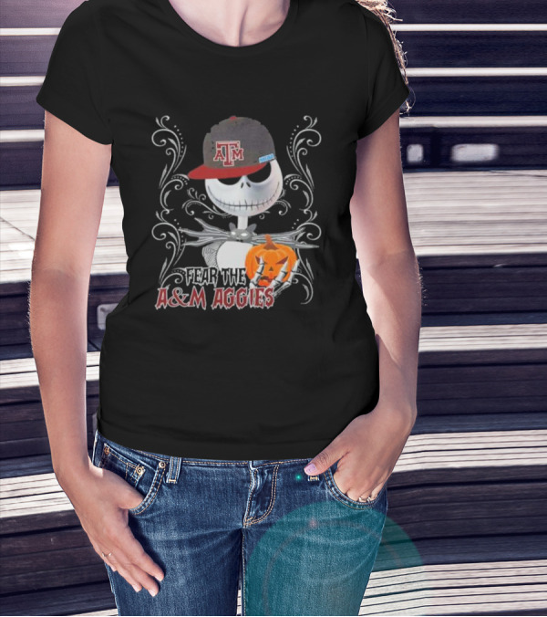 Jack Skellington Wearing Texas A&M Hat Holding Pumpkin With Fear The A&M Aggies Halloween T-Shirt
