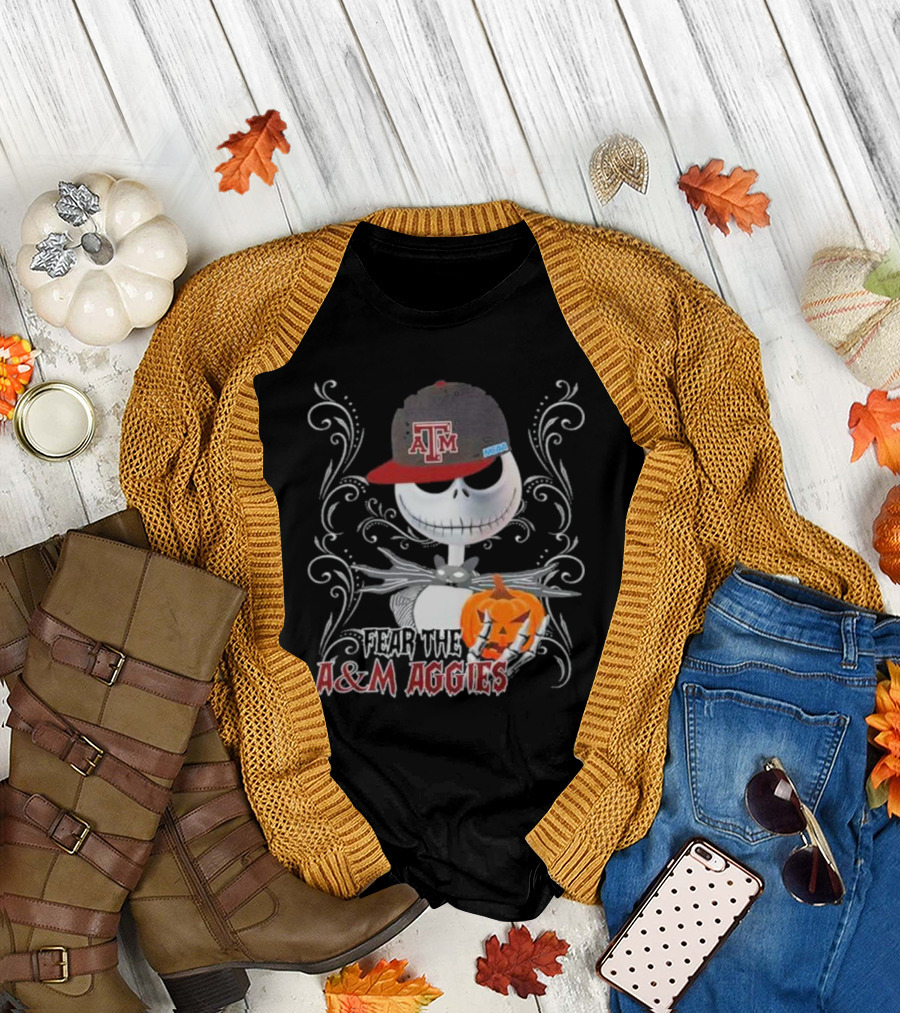 Jack Skellington Wearing Texas A&M Hat Holding Pumpkin with Fear the A&M Aggies Halloween T-Shirt