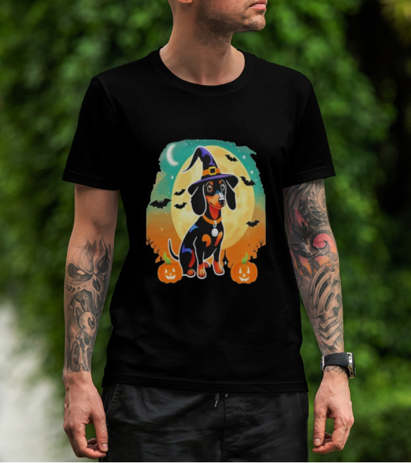 Dachshund Dog Witch Hat Moon Bats Pumpkins T-Shirt