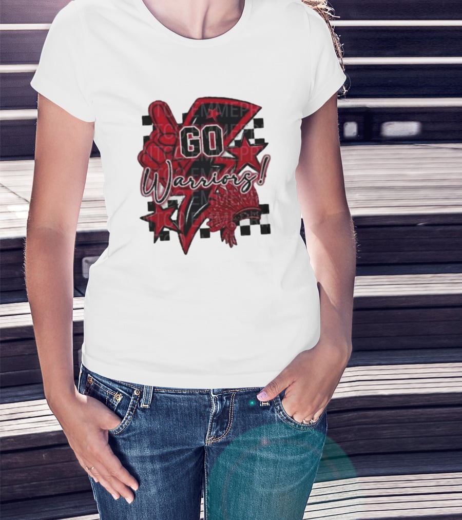 Go Warriors Football Sublimation With Foam Finger And Red Headdress T-Shirt