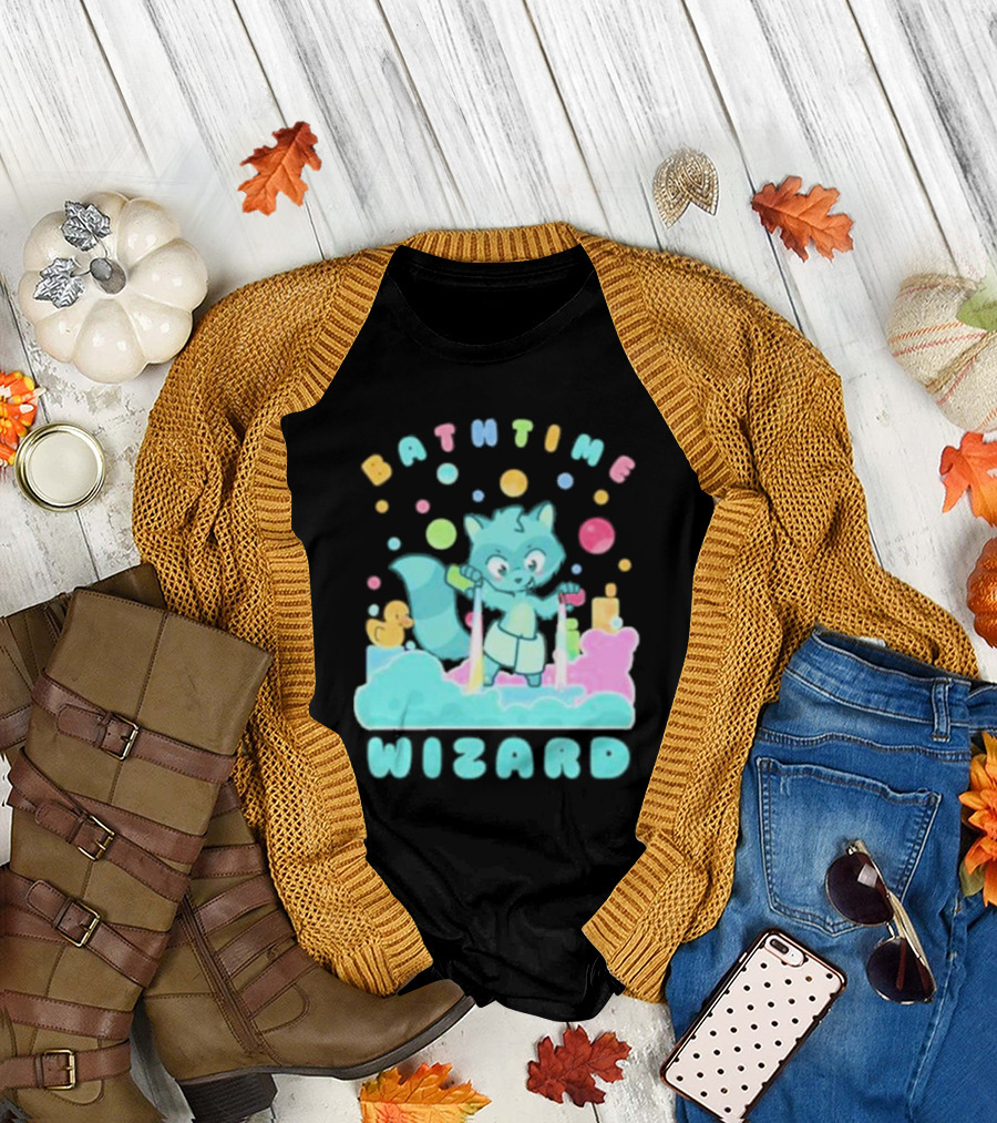 Bathtime Wizard Colorful Bubbles with Raccoon and Rubber Duck T-Shirt