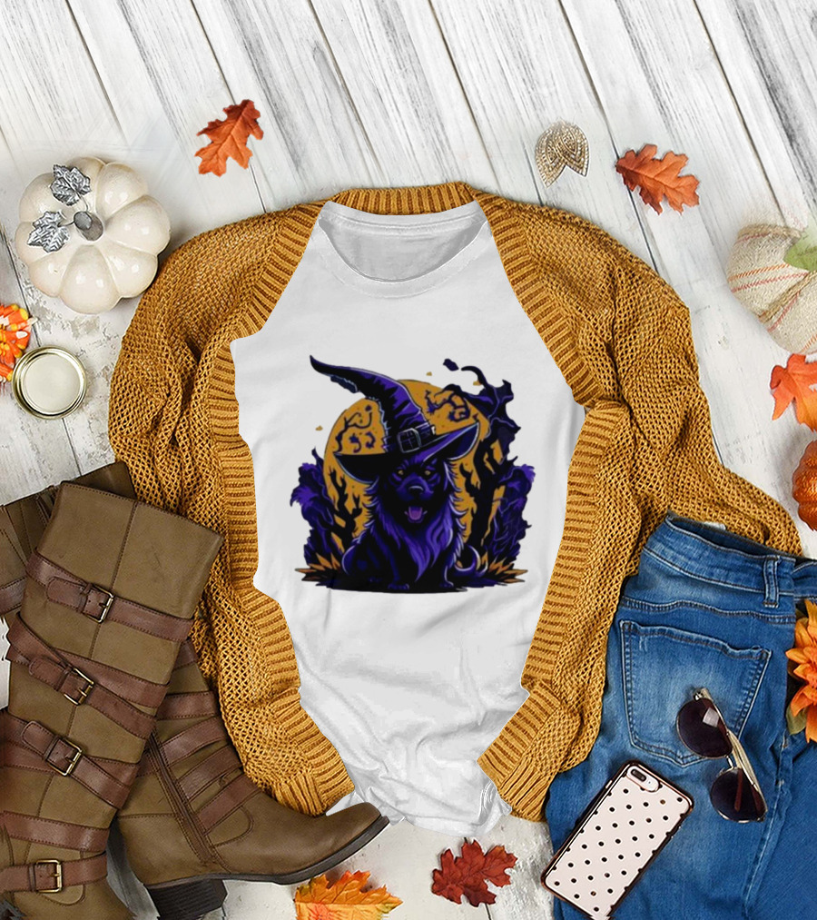 Halloween Witch Dog in Spooky Forest Horror Scene T-Shirt
