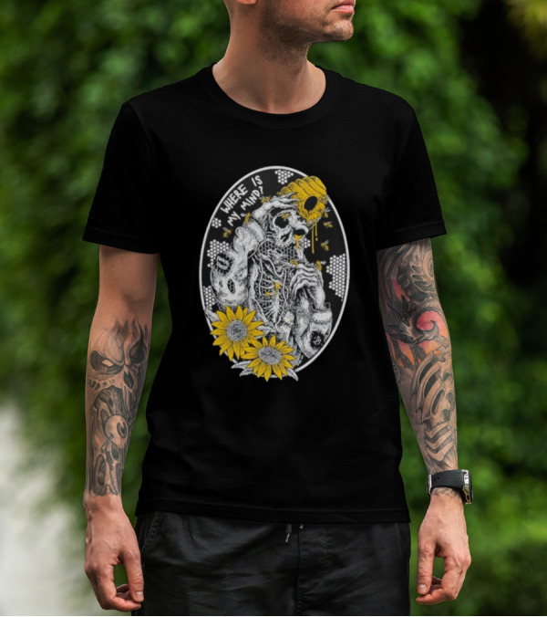 Where Is My Mind Skeleton Beehive Sunflowers Bees T-Shirt