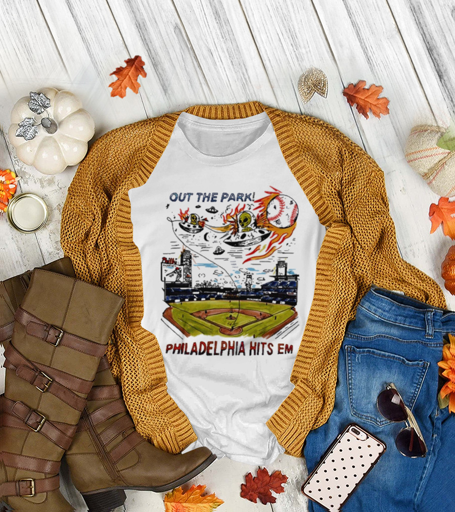 Out The Park Philadelphia Hits 'Em Alien Baseball Explosion T-Shirt