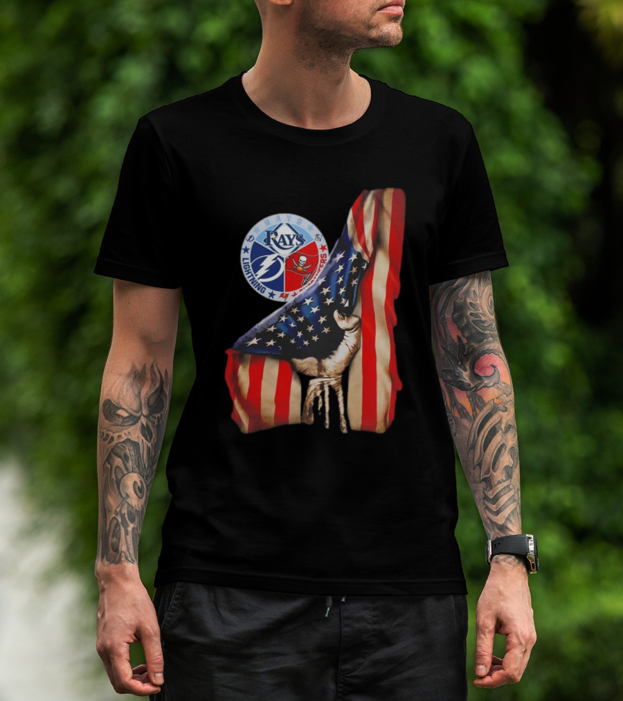 Tampa Bay Rays Lightning Buccaneers American Flag Fist T-Shirt