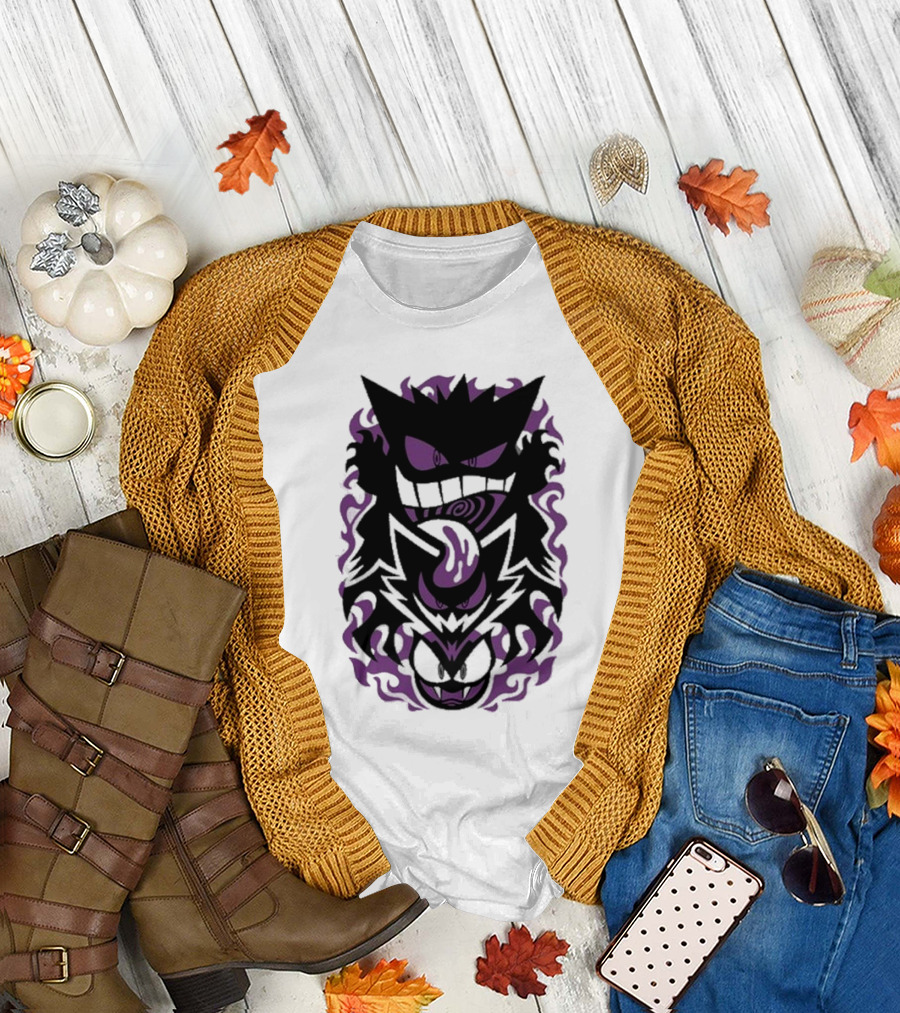 Versiris Spooky Gastly Ghouls Haunter Gengar Silhouettes with Purple Flames T-Shirt