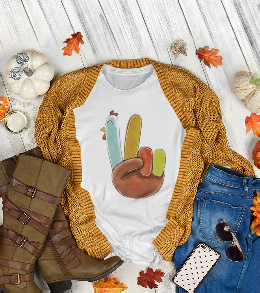 Thanksgiving Hand Gesture Cute Turkey Peace Sign Holiday Fun T-Shirt