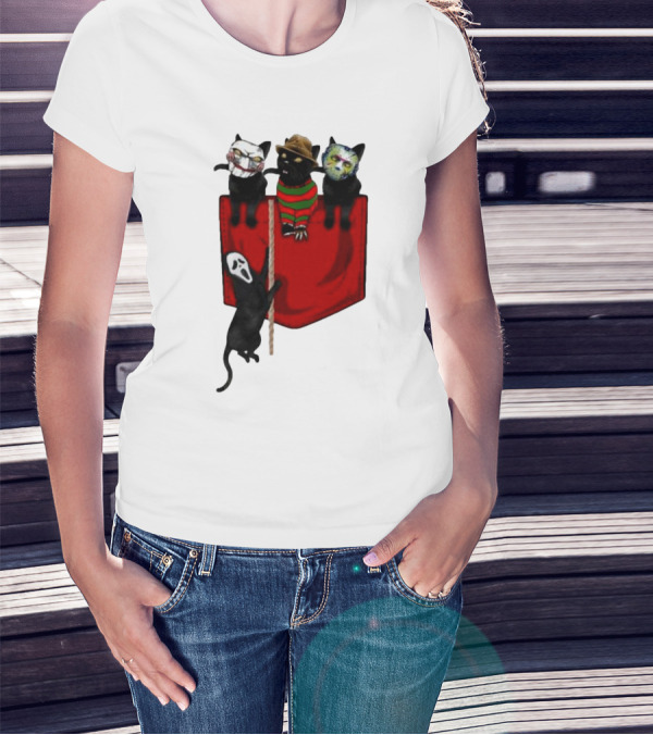 Cat Cosplay Horror Movie Characters Trick Or Treat Freddy Krueger Jason Voorhees Scream Happy Halloween T-Shirt
