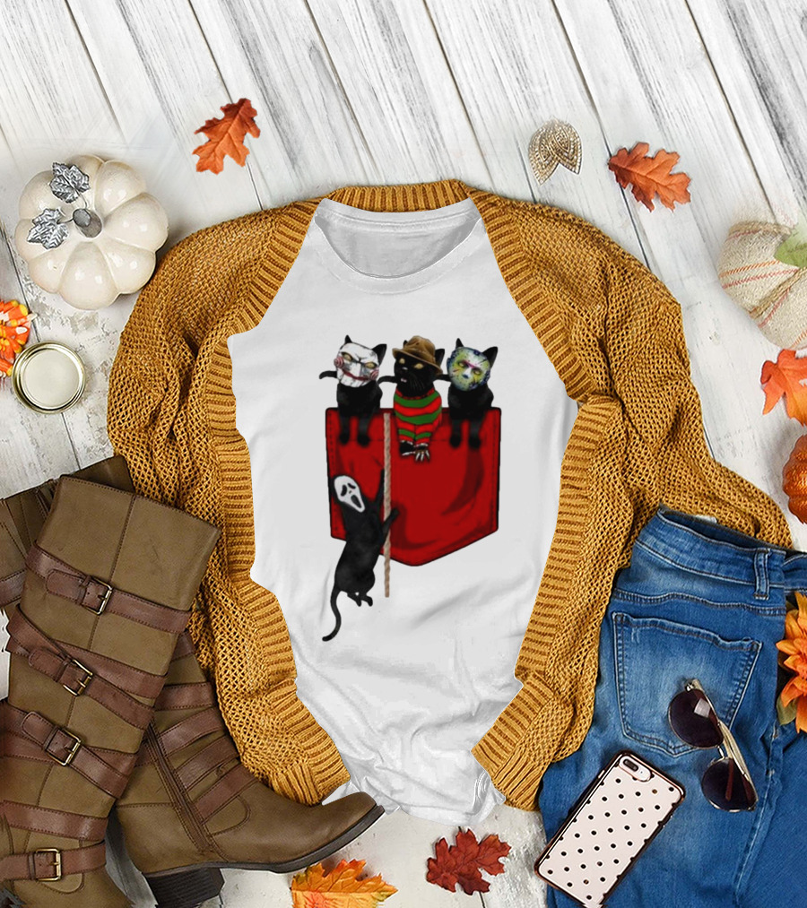 Cat Cosplay Horror Movie Characters Trick Or Treat Freddy Krueger Jason Voorhees Scream Happy Halloween T-Shirt