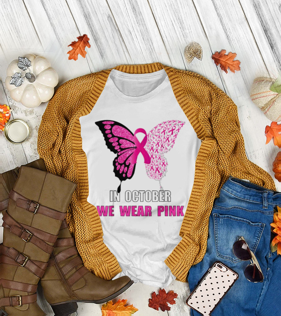 In October We Wear Pink Butterfly Ribbon Breast Cancer Awareness T-Shirt