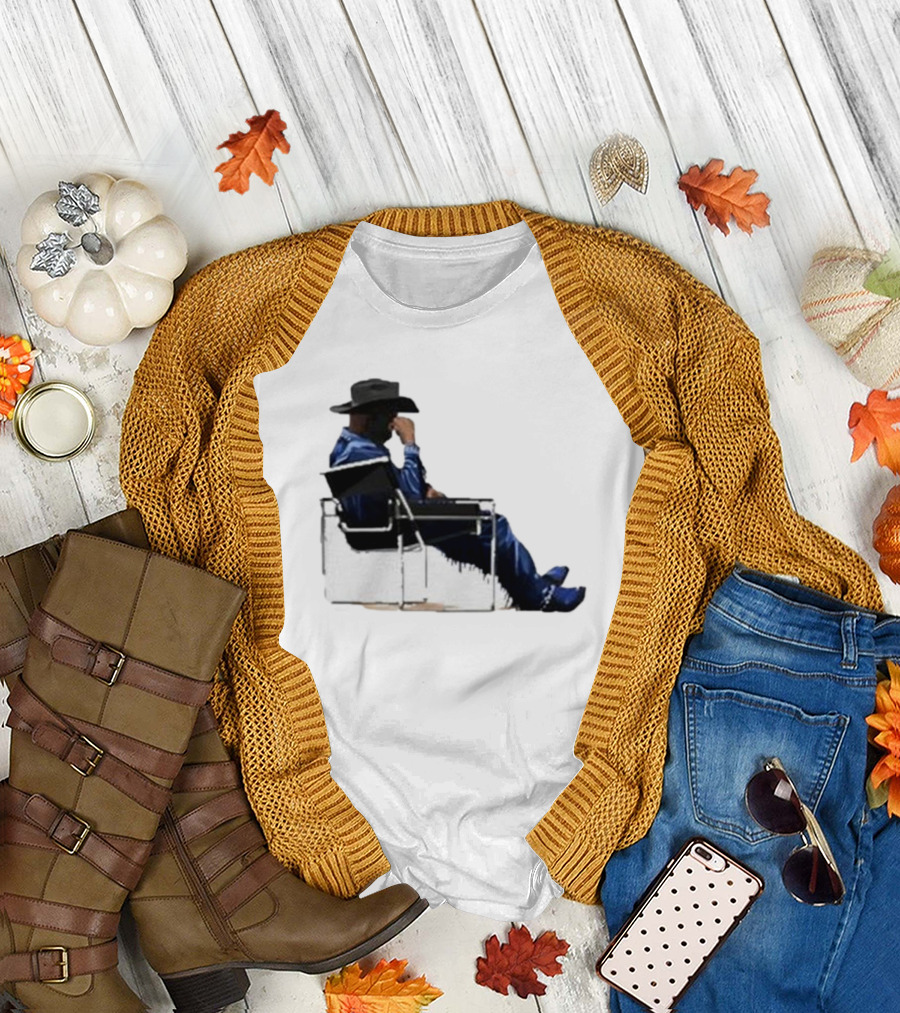 Bad Bunny Sitting Cowboy Chair Black Hat Blue T-Shirt