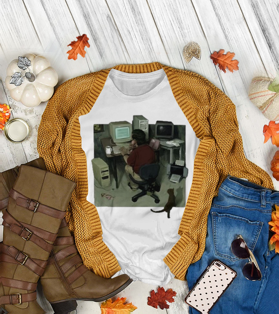 Ollie Jones Freelancer at Computer with Cat in Home Office Scene T-Shirt
