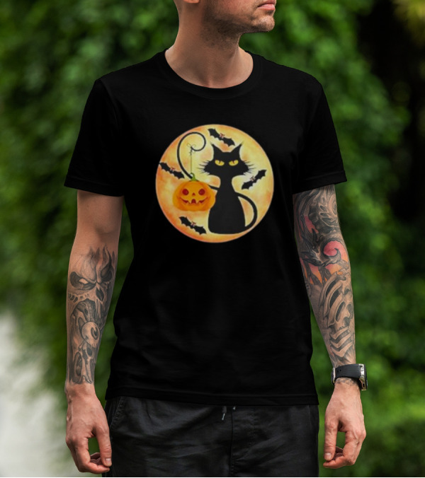 Funny Pumpkin Black Cat Halloween Witch Bat Moon T-Shirt