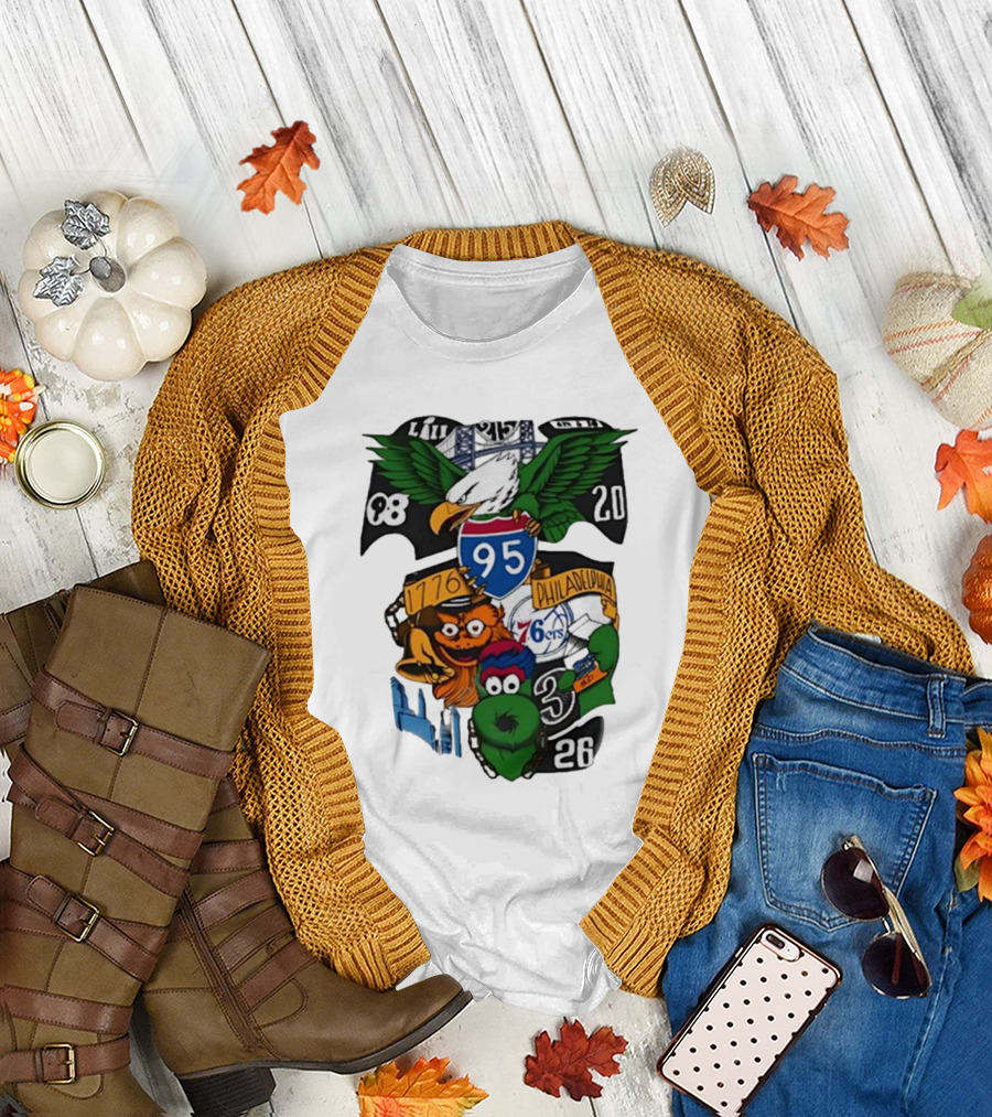 Philadelphia Icons 95 I-95 1776 Philadelphia 76ers Eagles Mascots 20 8 3 26 T-Shirt