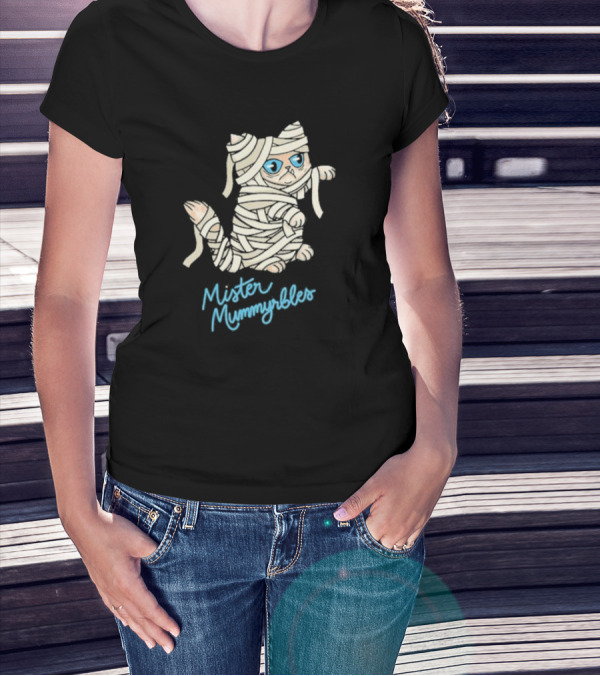 Lilbub Mister Mummyrbles Wrapped Cat With Blue Text T-Shirt
