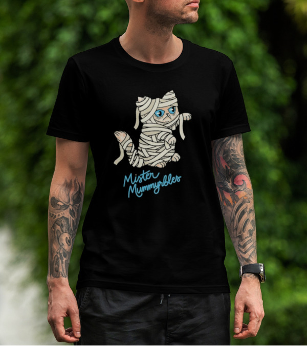 Lilbub Mister Mummyrbles Wrapped Cat With Blue Text T-Shirt