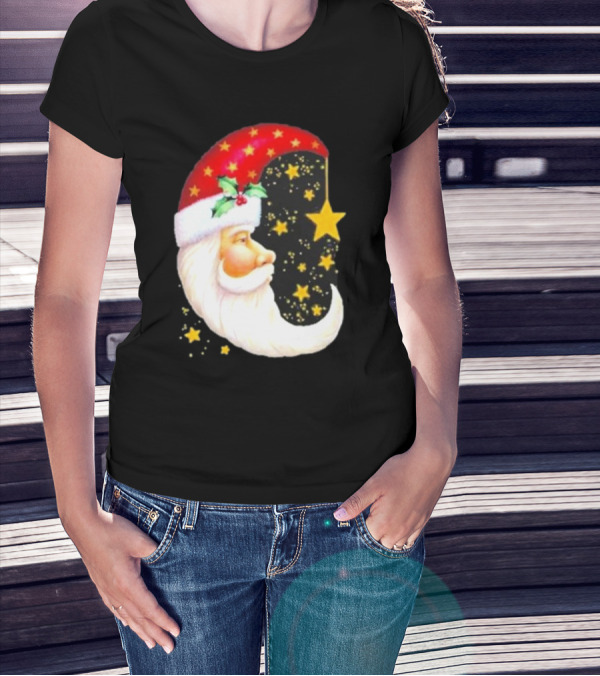 Christmas Santa Crescent Moon Starry Hat Print Crew Neck T-Shirt