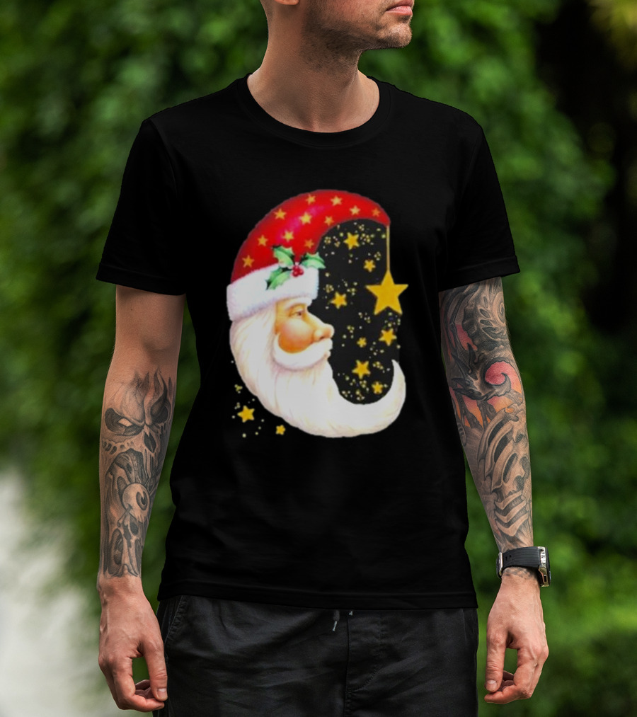Christmas Santa Crescent Moon Starry Hat Print Crew Neck T-Shirt