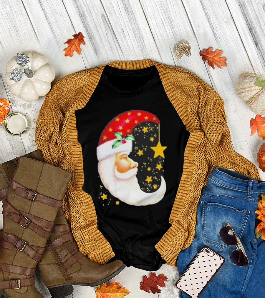 Christmas Santa Crescent Moon Starry Hat Print Crew Neck T-Shirt
