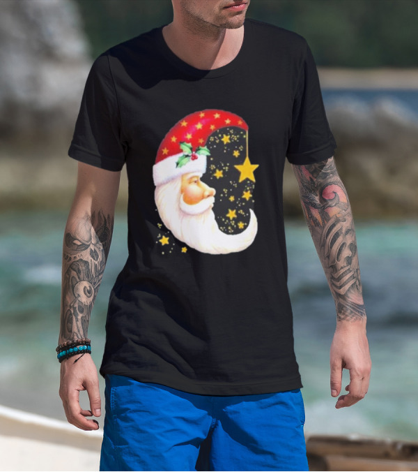 Christmas Santa Crescent Moon Starry Hat Print Crew Neck T-Shirt