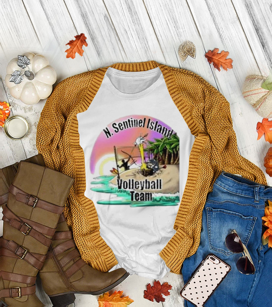 N. Sentinel Island Volleyball Team Sunset Beach Scene with Palms T-Shirt
