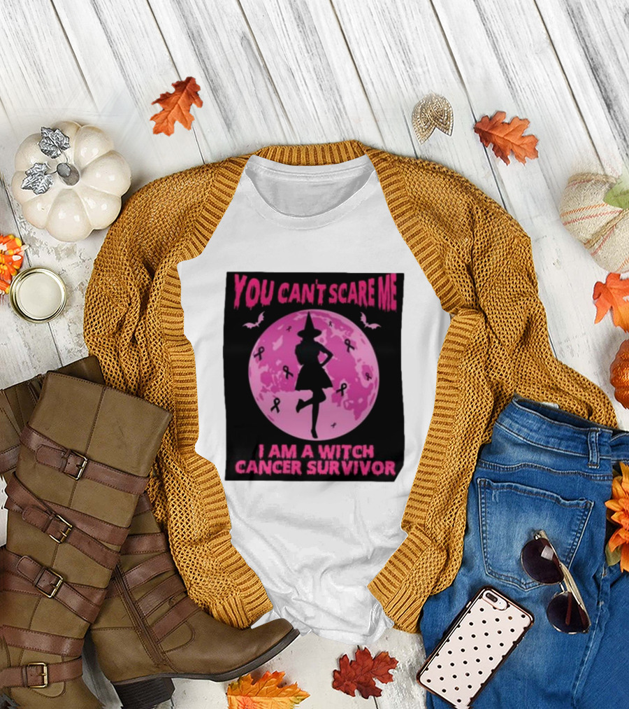 You Can’t Scare Me I Am A Witch Cancer Survivor Pink Moon Bats Ribbons T-Shirt