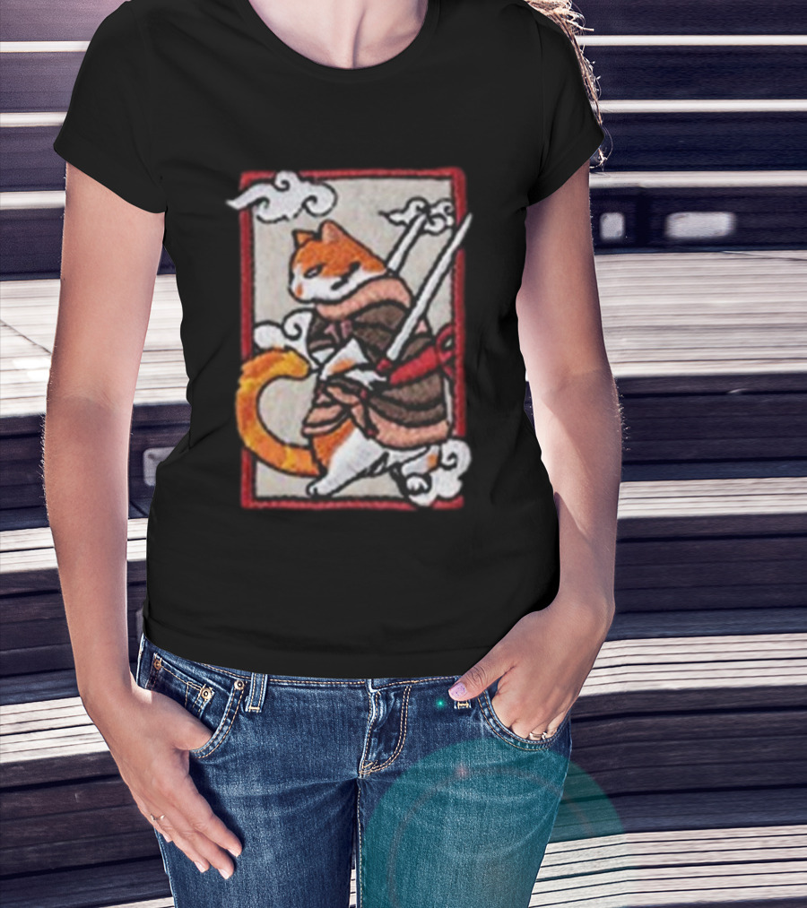 Loky Rain Loky Samurai Cat In Traditional Armor With Swords And Clouds T-Shirt