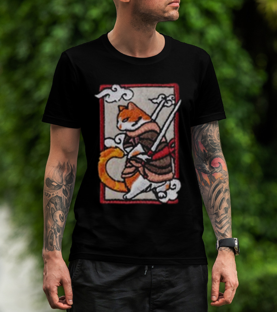 Loky Rain Loky Samurai Cat In Traditional Armor With Swords And Clouds T-Shirt
