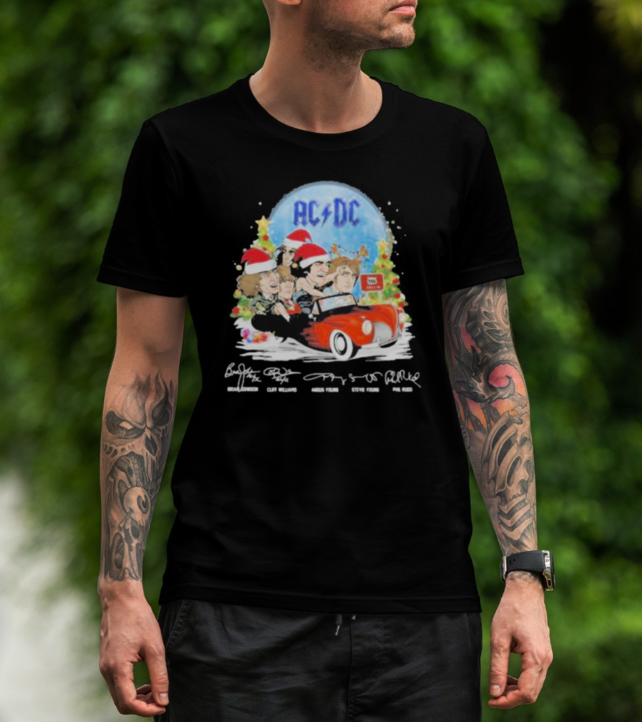 ACDC Band Members In Santa Hats Merry Christmas Signatures On Car With Highway To Hell Sign T-Shirt