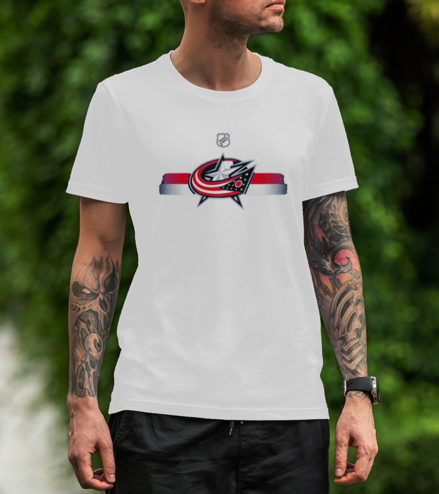 NHL Columbus Blue Jackets Emblem With Red White Blue Stripes T-Shirt