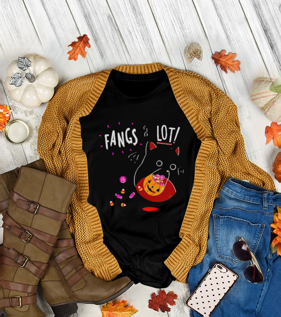 Ghost Cat Fangs a Lot Trick or Treat Halloween Candy T-Shirt