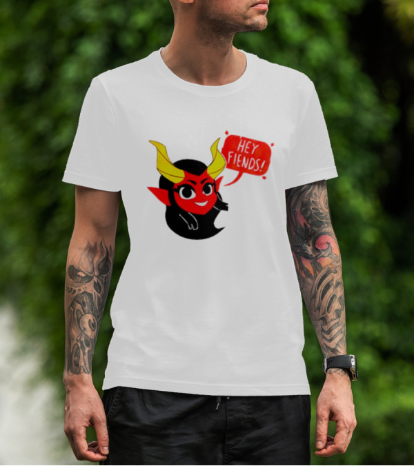 Ginnydi Hey Fiends Demon Cartoon Character With Red Face Yellow Horns And Black Hair T-Shirt