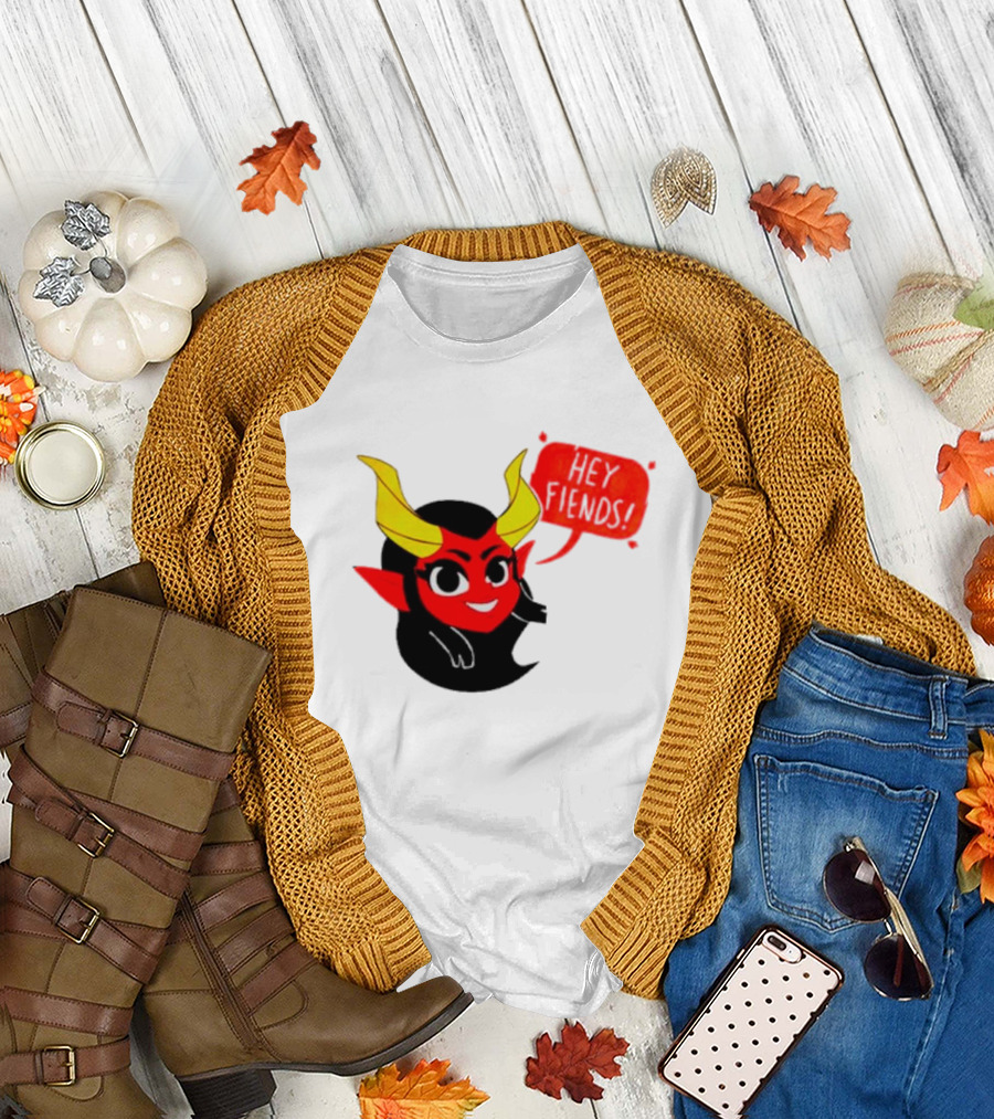 Ginnydi Hey Fiends Demon Cartoon Character with Red Face Yellow Horns and Black Hair T-Shirt