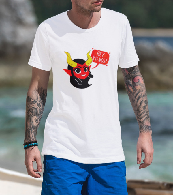 Ginnydi Hey Fiends Demon Cartoon Character With Red Face Yellow Horns And Black Hair T-Shirt