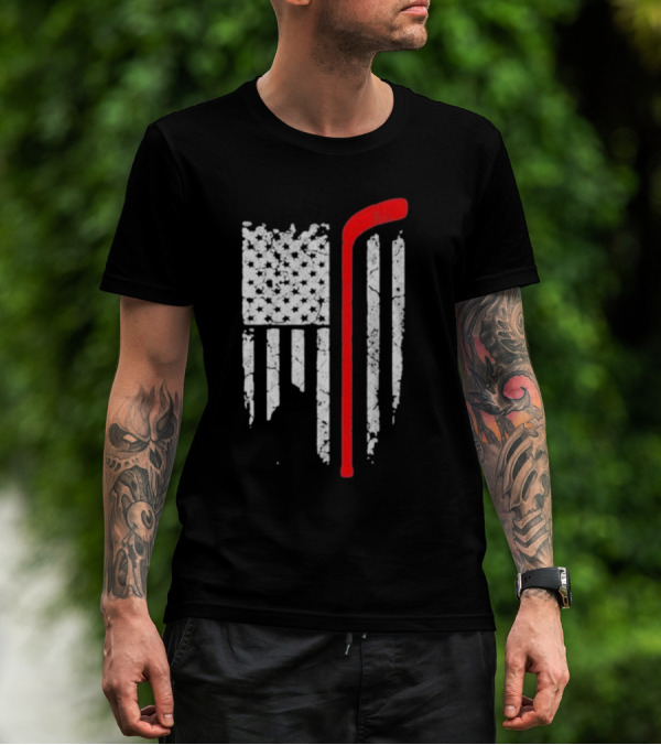 Hockey Stick American Flag Stars Stripes T-Shirt