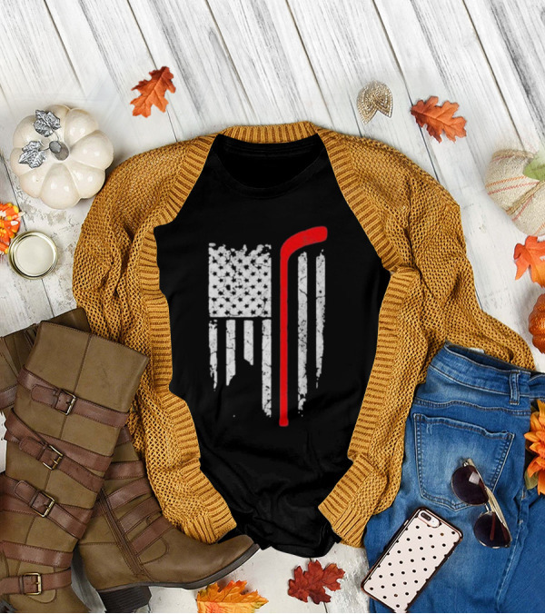 Hockey Stick American Flag Stars Stripes T-Shirt
