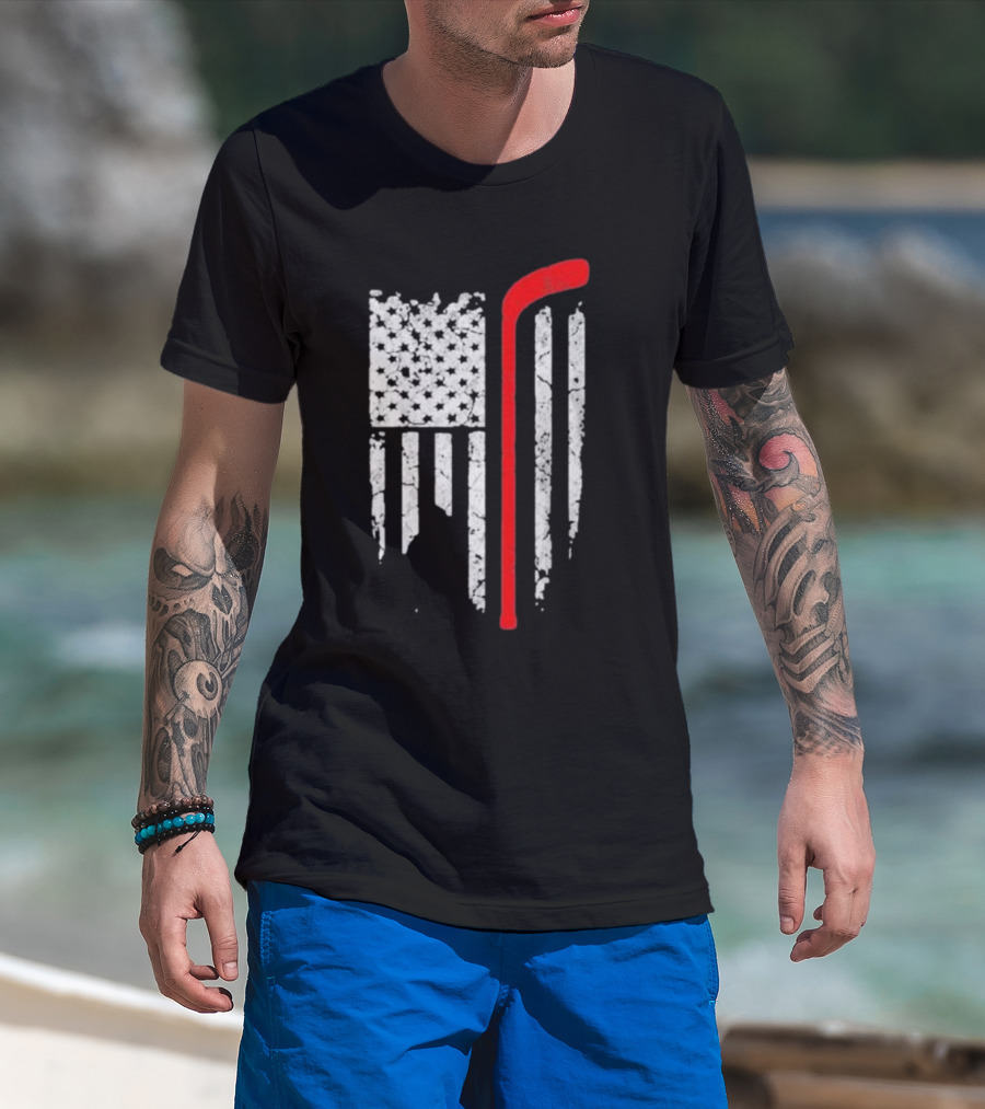 Hockey Stick American Flag Stars Stripes T-Shirt