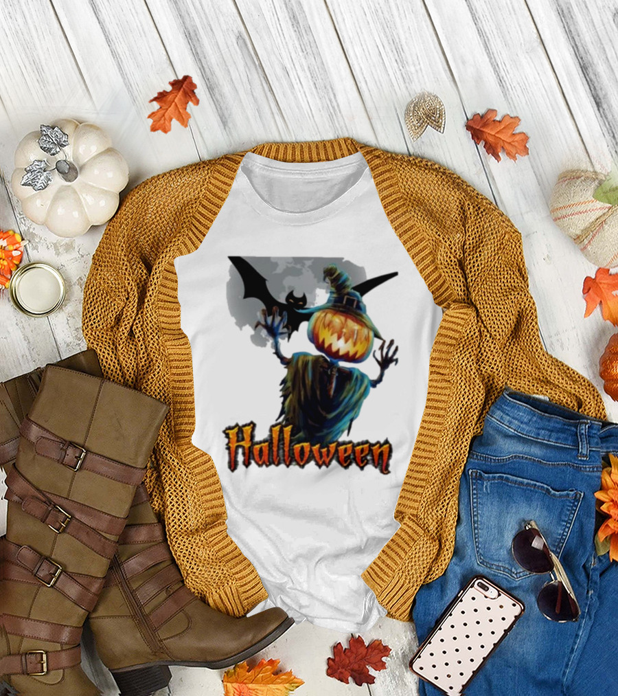 Halloween Horror Witch Straw Man Pumpkins Bat Scary Night T-Shirt