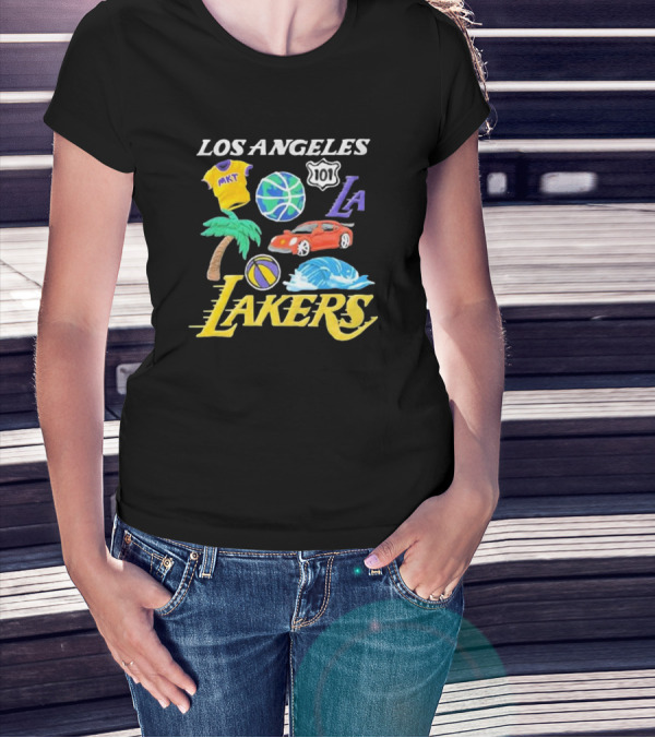 Los Angeles Lakers NBA MKT 101 Claymation LA Basketball Car Palm Wave T-Shirt