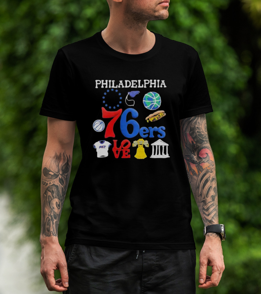 Philadelphia 76ers NBA Market Claymation Love Basketball Hotdog Liberty Bell Federal Building T-Shirt