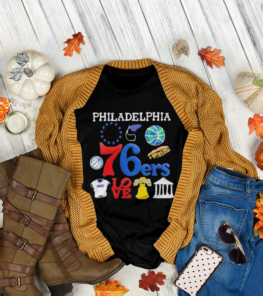 Philadelphia 76ers NBA Market Claymation Love Basketball Hotdog Liberty Bell Federal Building T-Shirt