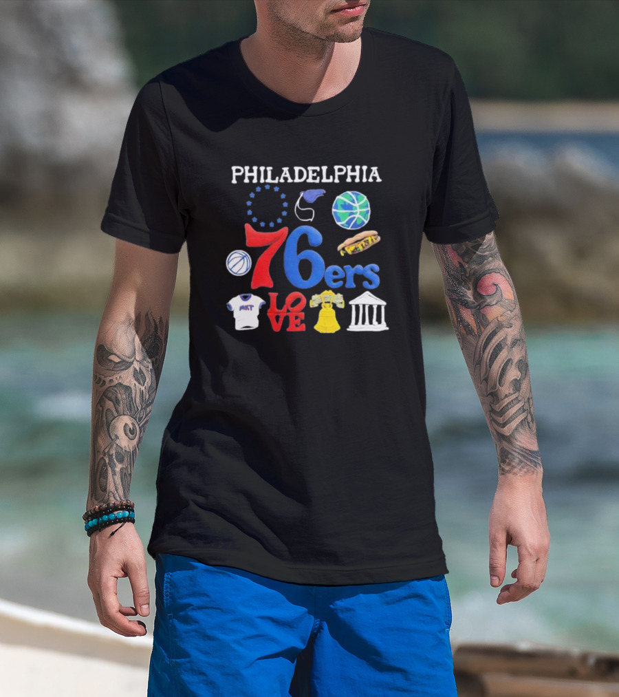Philadelphia 76ers NBA Market Claymation Love Basketball Hotdog Liberty Bell Federal Building T-Shirt
